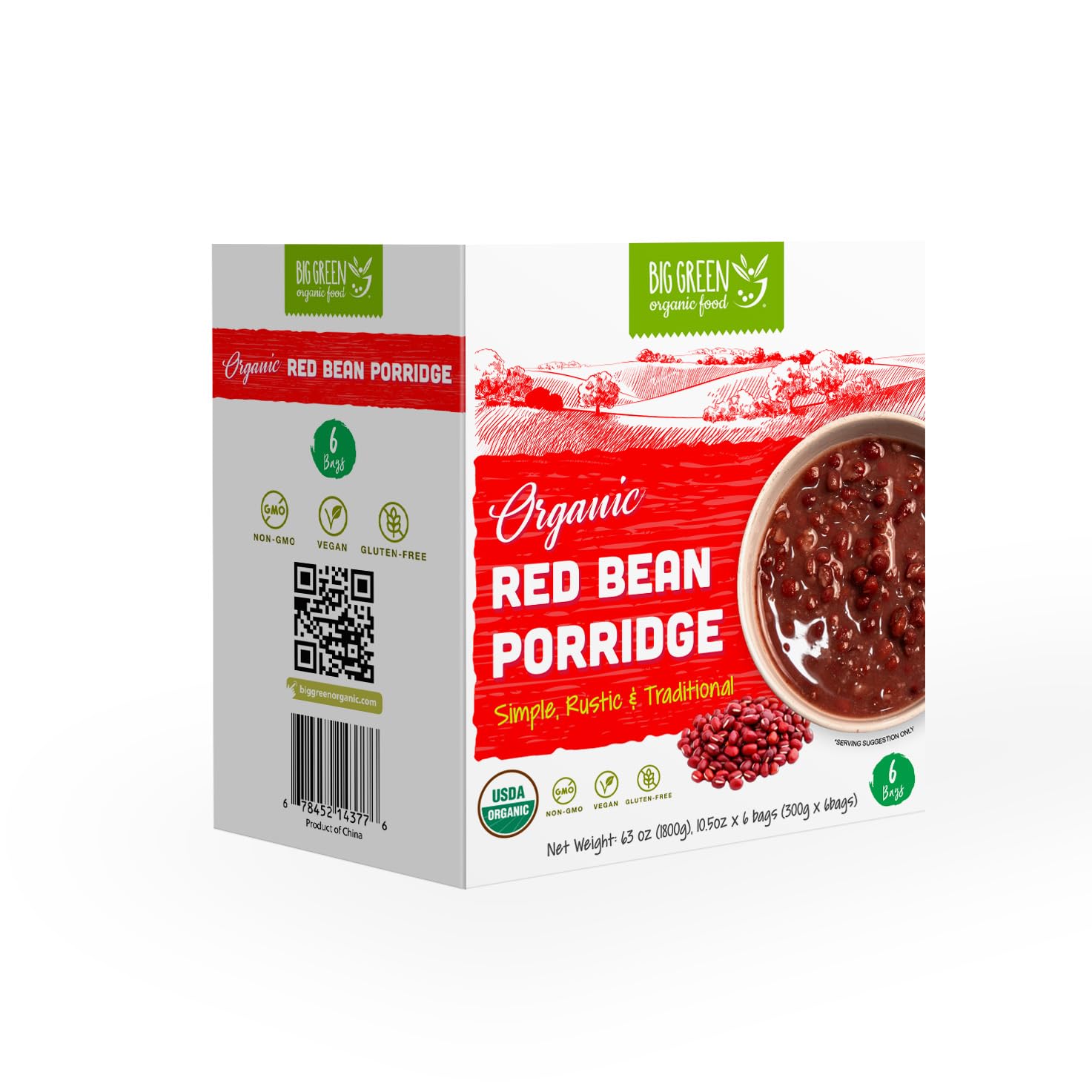 Big Green Organic Food - Organic Red Bean Porridge, Whole Adzuki Beans, Unsweetened, Non-GMO, Gluten-Free, Vegan, Healthy Breakfast, Easy Instant