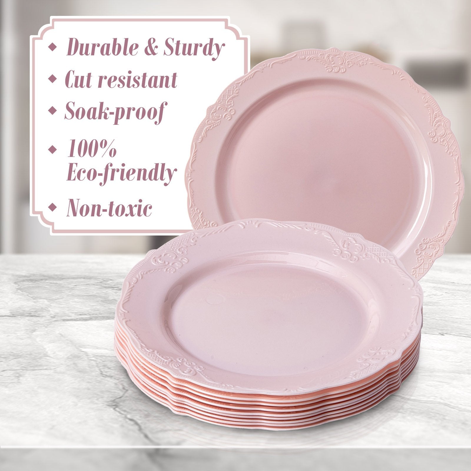 Vintage Collection Set of Blush Dinner, Salad & Dessert Plates - High Quality Embossed Rim Design Disposable Dinnerware - Great for Formal Dinners