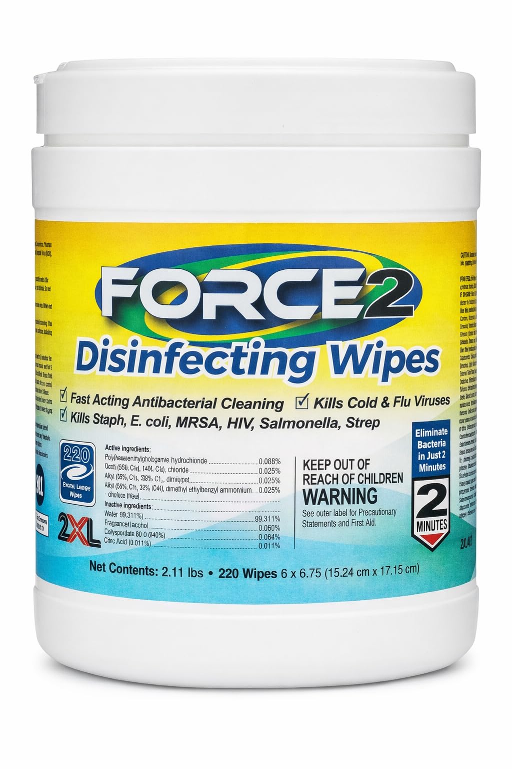 Force2 2XL Disinfecting Wipes - 220 Wipe Count - Antibacterial Disinfectant, Multi-Surface Cleaning and Sanitizing Wipes