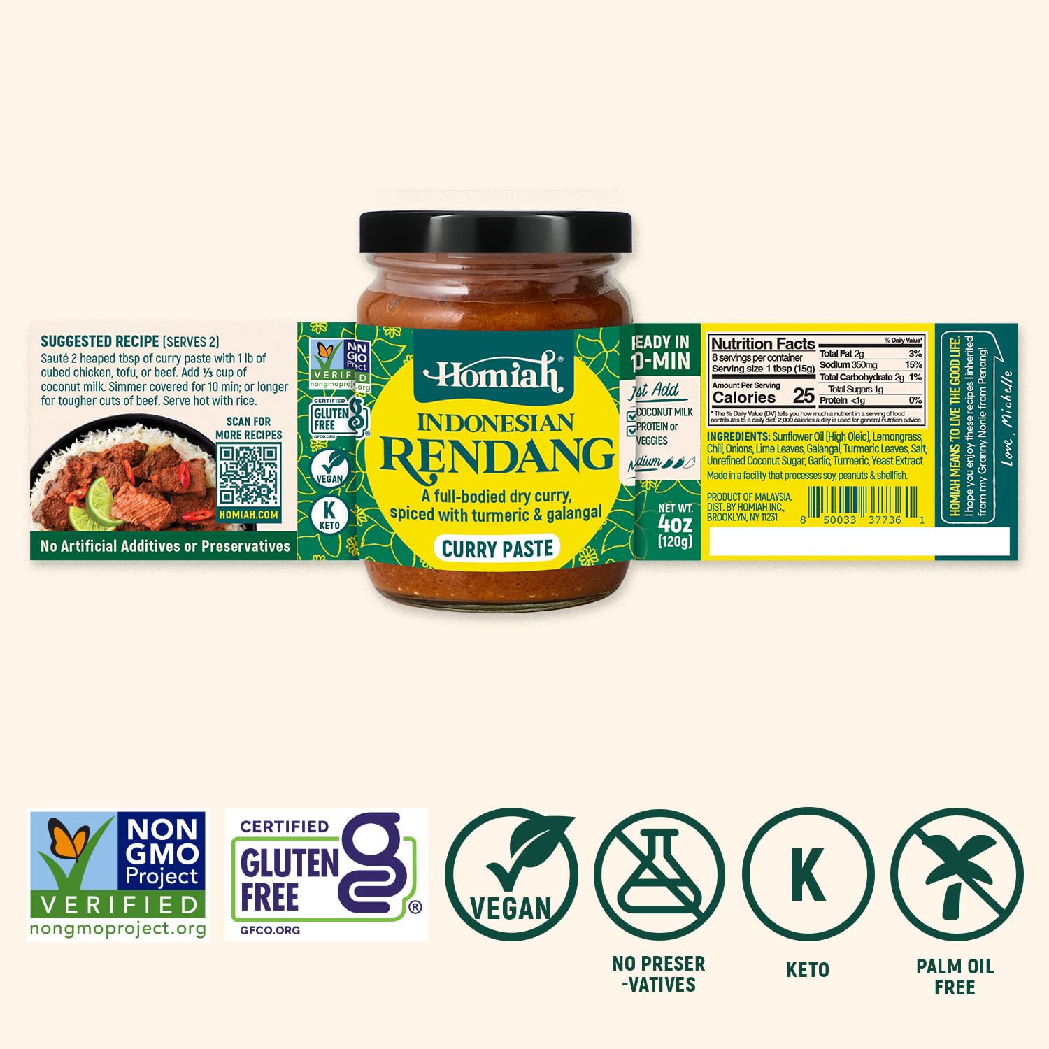Homiah Rendang Curry Paste, 4 Oz - Vegan, Gluten-Free, Non-GMO Indonesian Curry Paste, Thai Essentials for Kitchen - Premium Rendang Thai Paste
