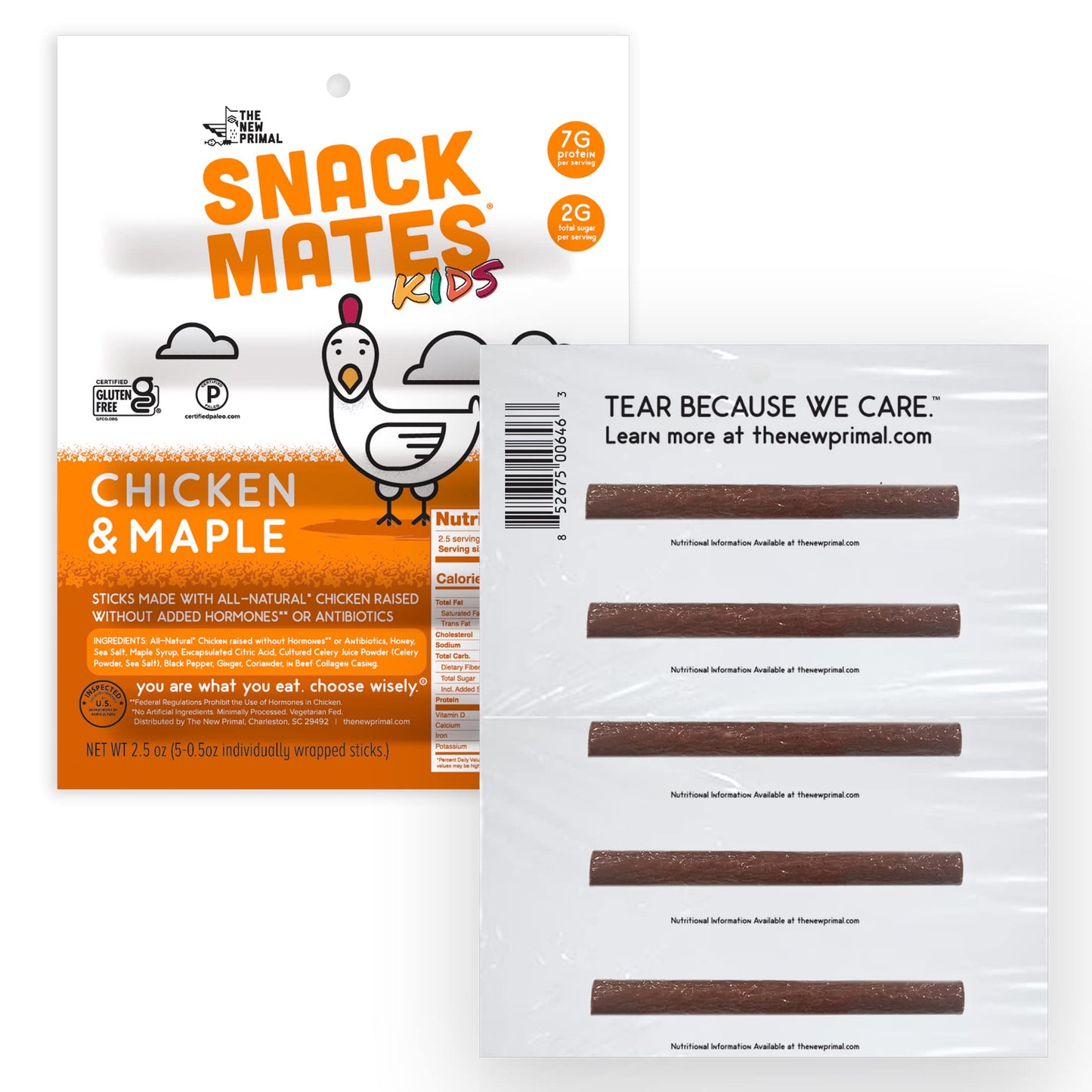 Snack Mates by The New Primal, Chicken & Maple Stick, All-Natural Chicken, High Protein and Low Sugar Kids Snack, Certified Paleo, Certified