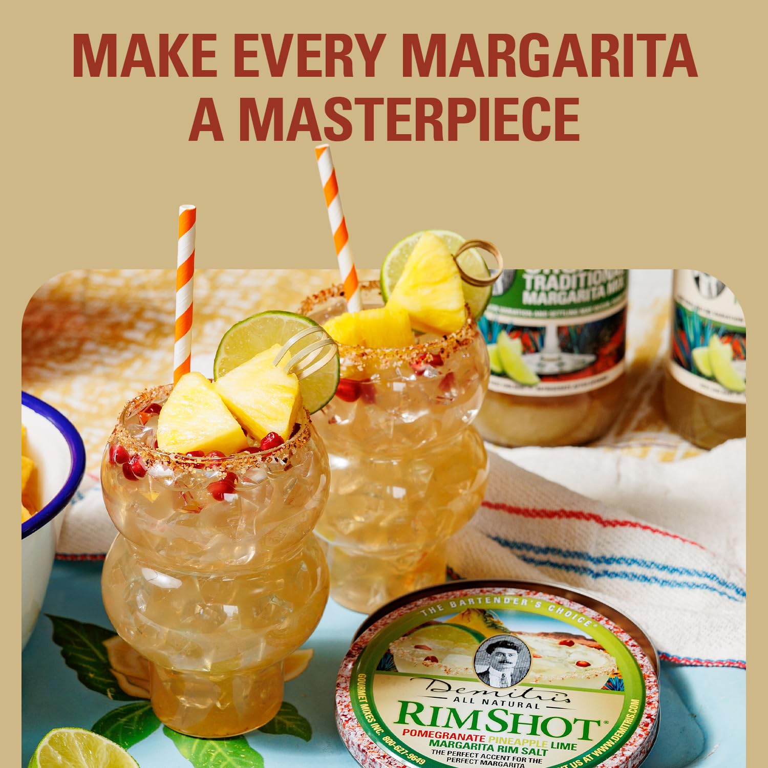 Demitri's RimShot Margarita Salt Rimmers - Made W/Hawaiian Sea Salt - Rimmer for Cocktails - Blend of Pineapple, Pomegranate & Lime - Margarita Salt