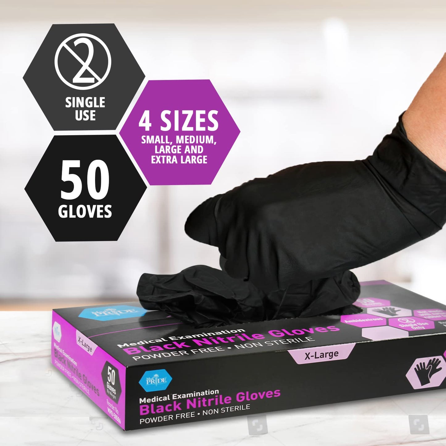 MED PRIDE X-Large Black Surgical Gloves, Disposable Med Nitrile Gloves, 4 Mil Thick, Latex and Powder-Free, Hospital Use, Pack of 50