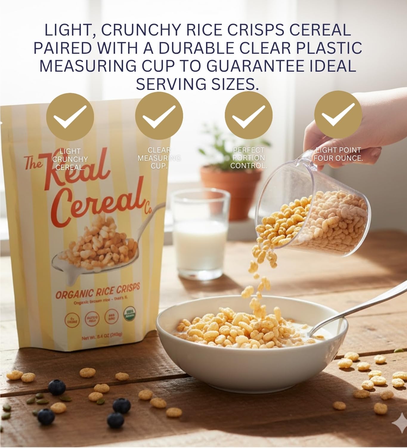 Real Cereal Rice Crisps 8.4 oz Bundle with Plastic Clear Measuring Cup - Organic Brown Rice Cereal with 0g Sugar and Non-GMO Ingredients