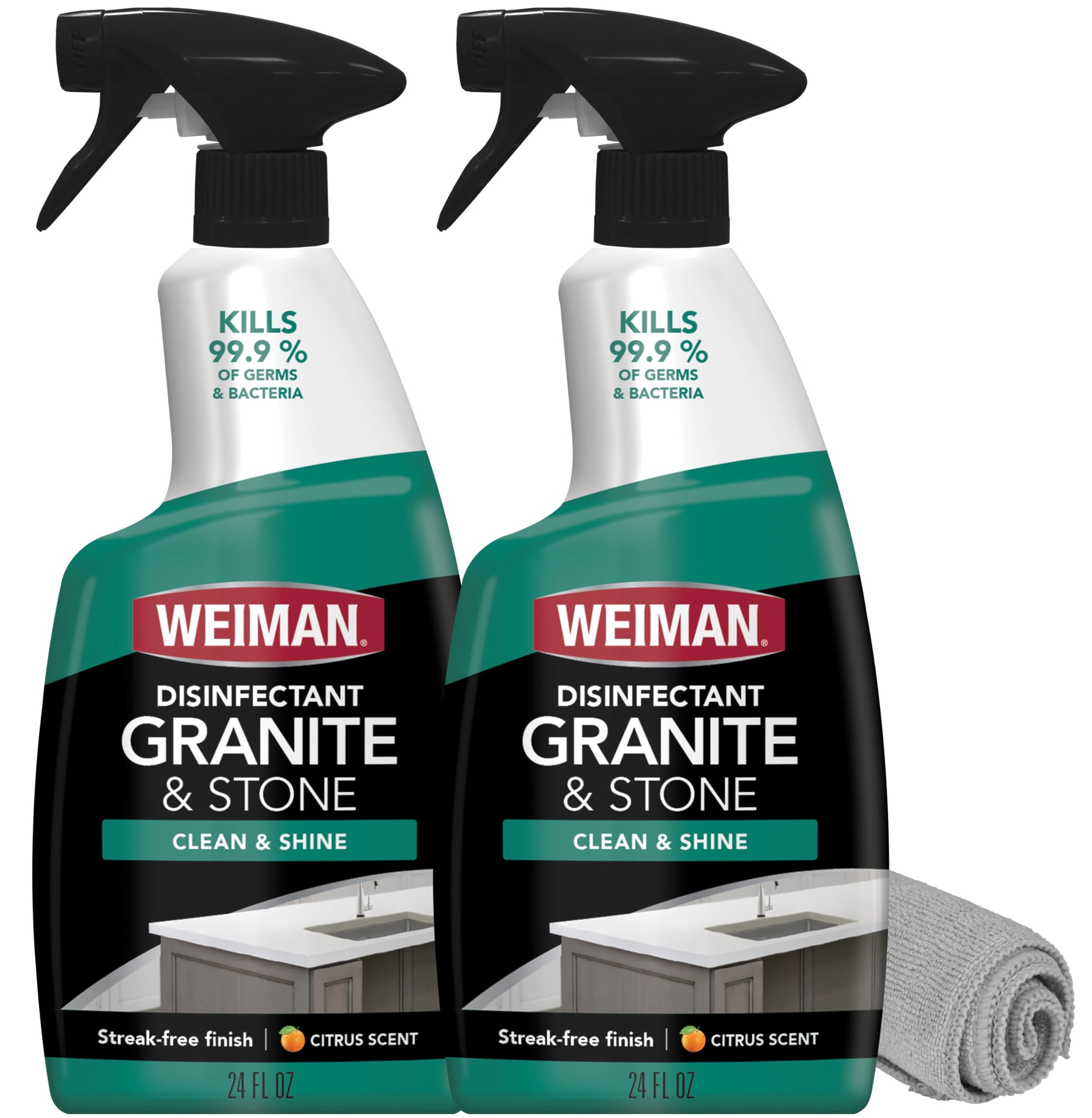 Weiman Disinfectant Granite Daily Clean & Shine (2 Pack with Polishing Cloth) Safely Clean Disinfect and Shine Granite Marble Soapstone Quartz