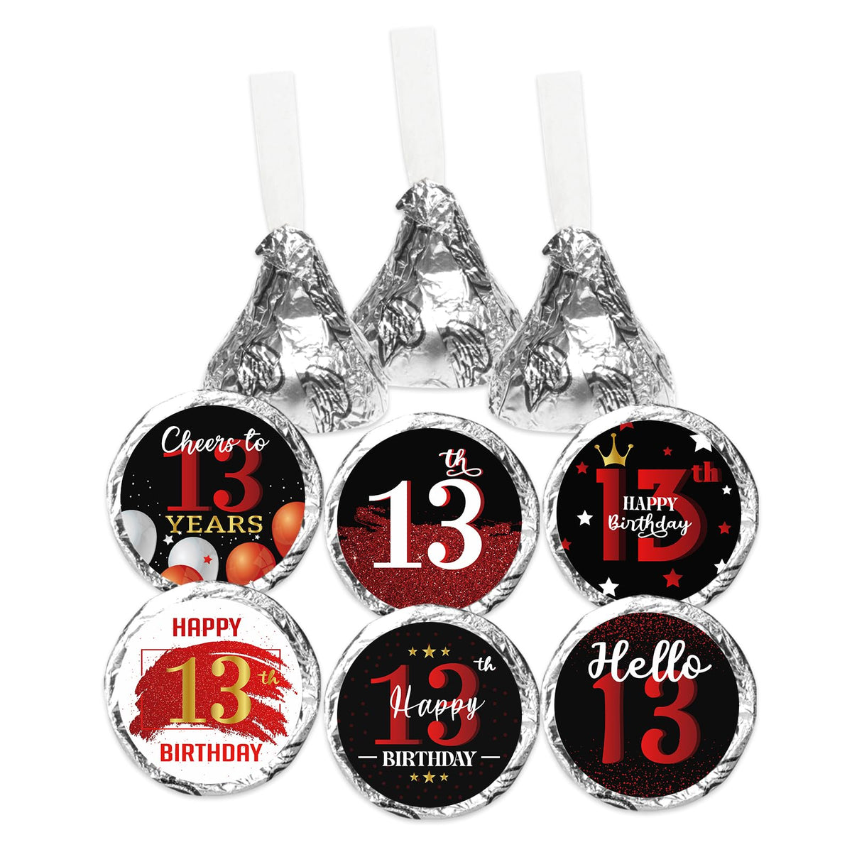 Happy 13th Birthday Party Favor Labels Chocolate Candy Stickers - Official Teenager Birthday Round Candy Sticker Party Favors - Black and Red - 150