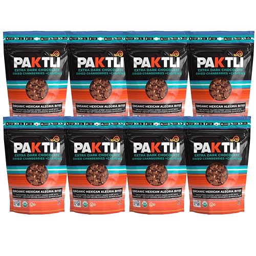 Paktli Organic Alegría Bites 8-Pack - Extra Dark Chocolate with Cranberries & Cashews, Eight 2oz Bags, Organic Ancient Grain Snack, Amaranth, Quinoa