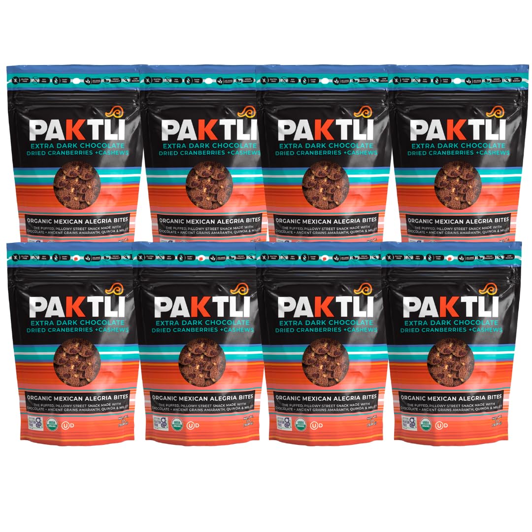 Paktli Organic Alegría Bites 8-Pack - Extra Dark Chocolate with Cranberries & Cashews, Eight 2oz Bags, Organic Ancient Grain Snack, Amaranth, Quinoa