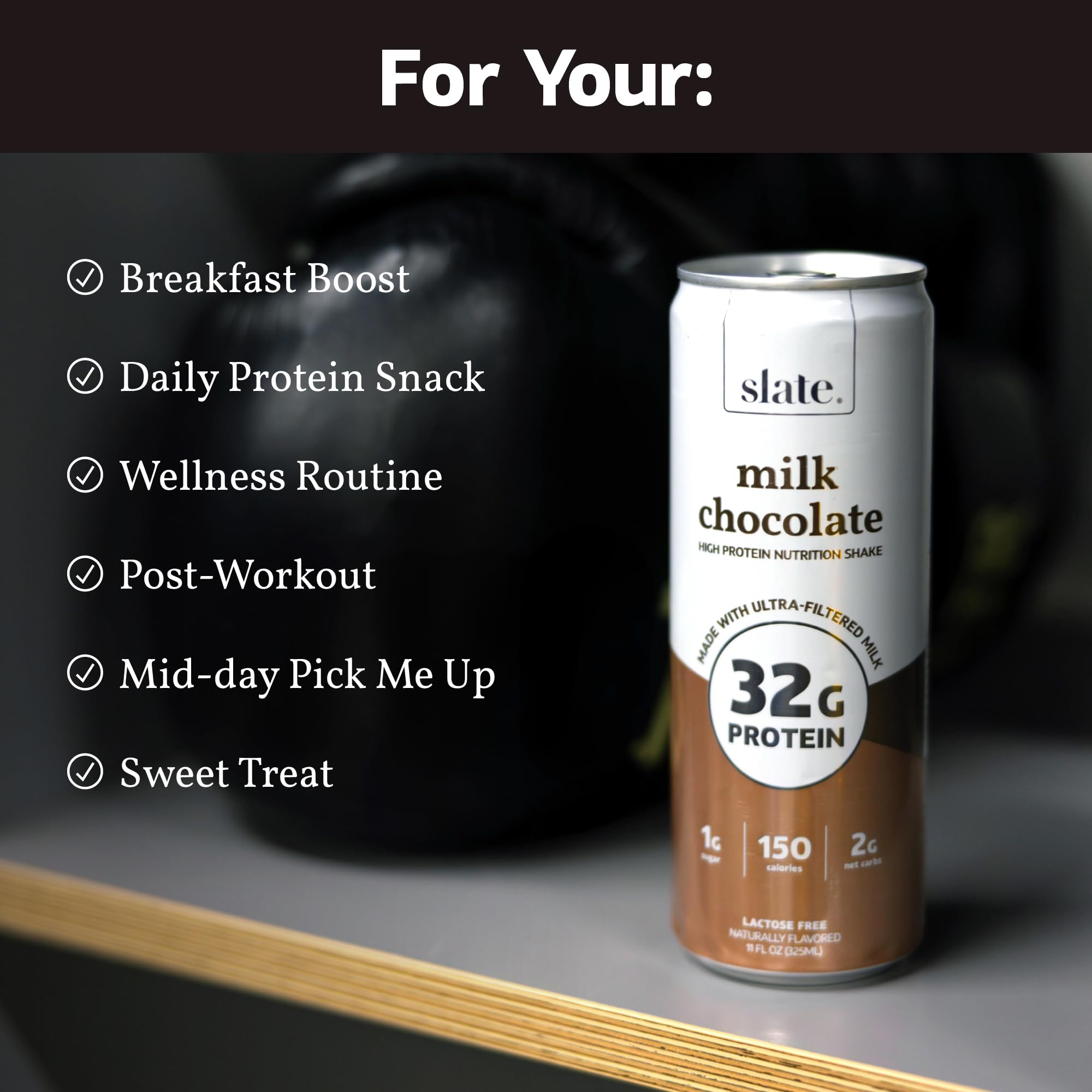 Slate Milk - High Protein Nutrition Shake - Milk Chocolate - 32g Protein, 1g Sugar, 150 Calories, 2g Net Carbs - Lactose Free - No Added Sugar