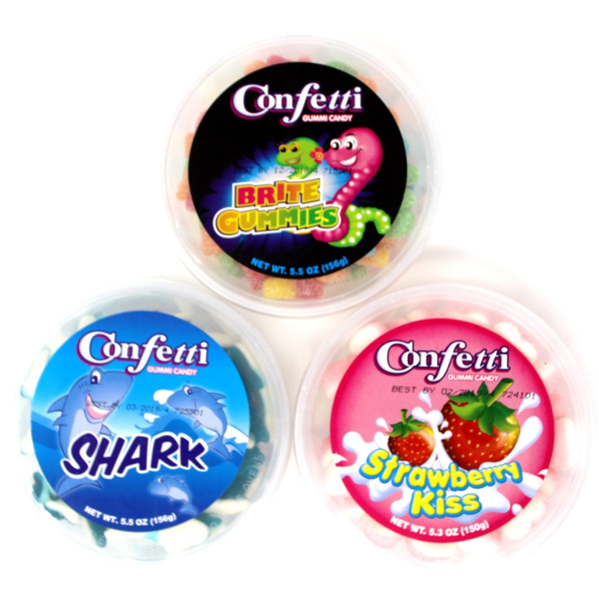 Confetti Gummi Candy Variety Pack - Strawberry Kiss | Brite Sour Worm Gummies | Shark (3 tubs of Gummies - 1 of each)