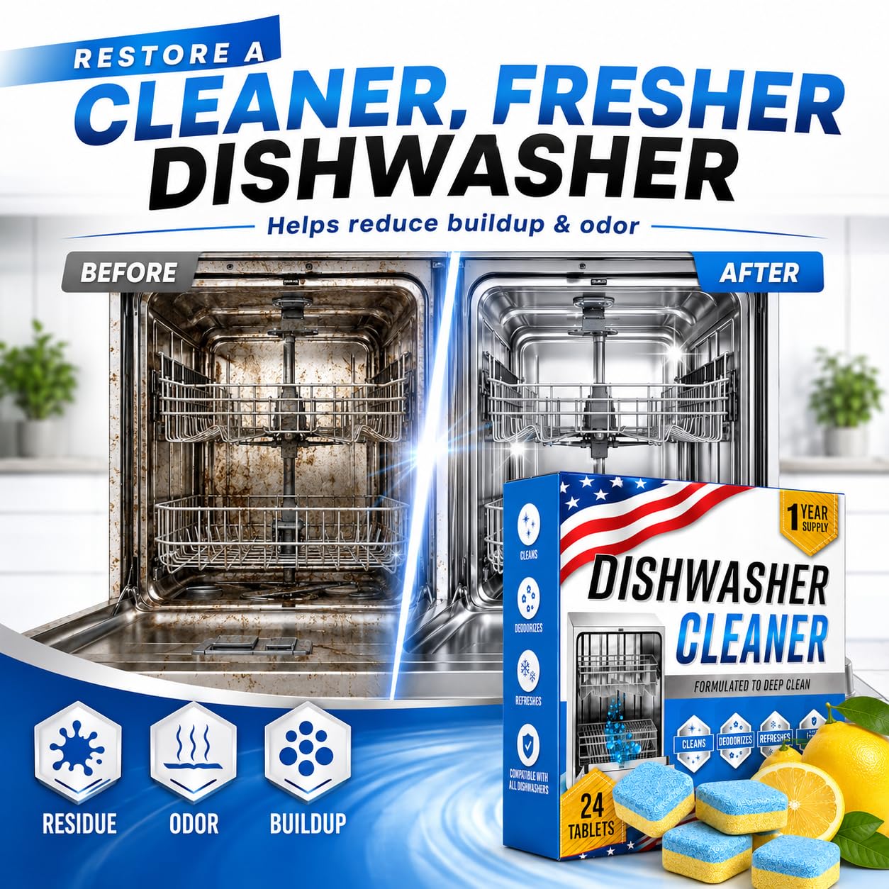 Dishwasher Cleaner Deodorizer Tablets, 24 Pack Dishwasher Cleaning Tablets Descaler Pods for Limescale, Calcium & Hard Water Stains, Lemon Dishwasher