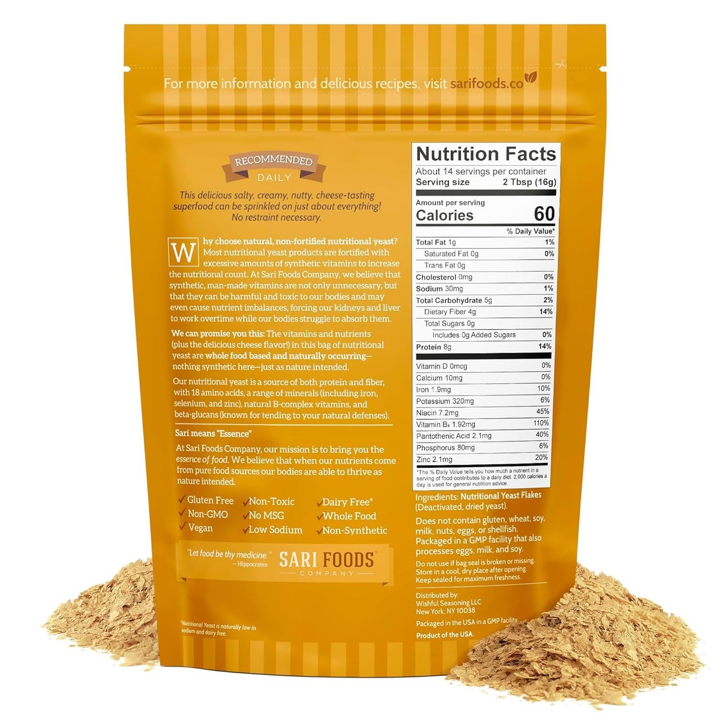 Sari Foods Non-Fortified Nutritional Yeast Flakes - 8oz - Superfood, Protein. Gluten Free & Dairy Free Vegan Cheese Parmesan Substitute, Vitamins B