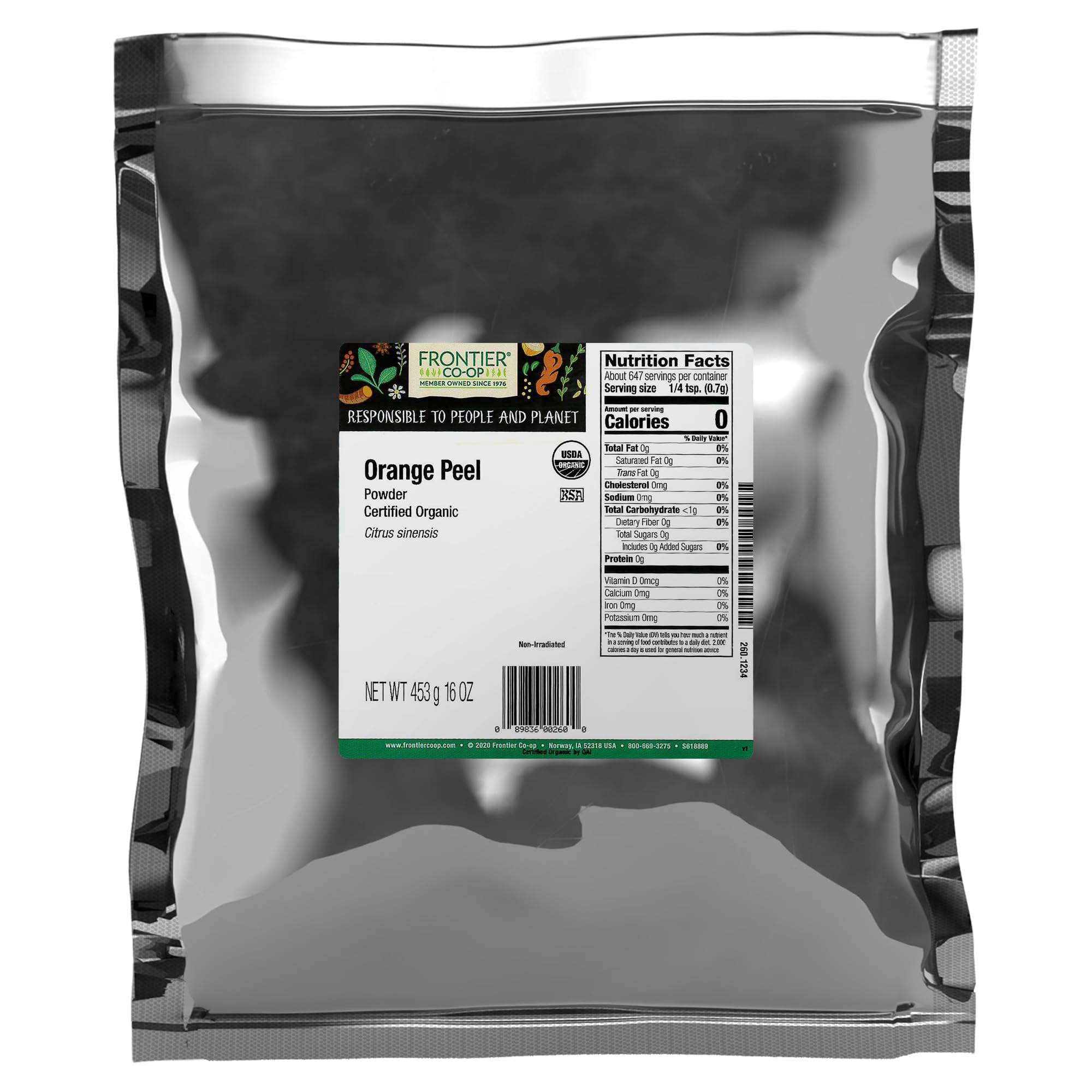 Frontier Co-op Organic Orange Peel Powder - 1lb Bulk Bag, Pure Orange Powder - Potent Citrus Flavor, Perfect for Cooking, Baking & Skincare, Kosher