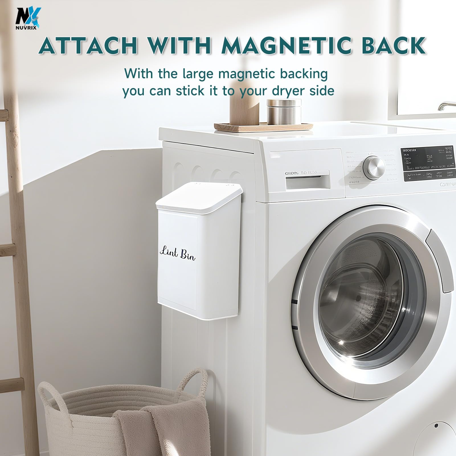 NUVRIX Magnetic Lint Bin for Laundry Room, Wall Mounted Metal Lint Box Holder Trash Can with Lid for Dryer, Lint Basket for Laundry Room