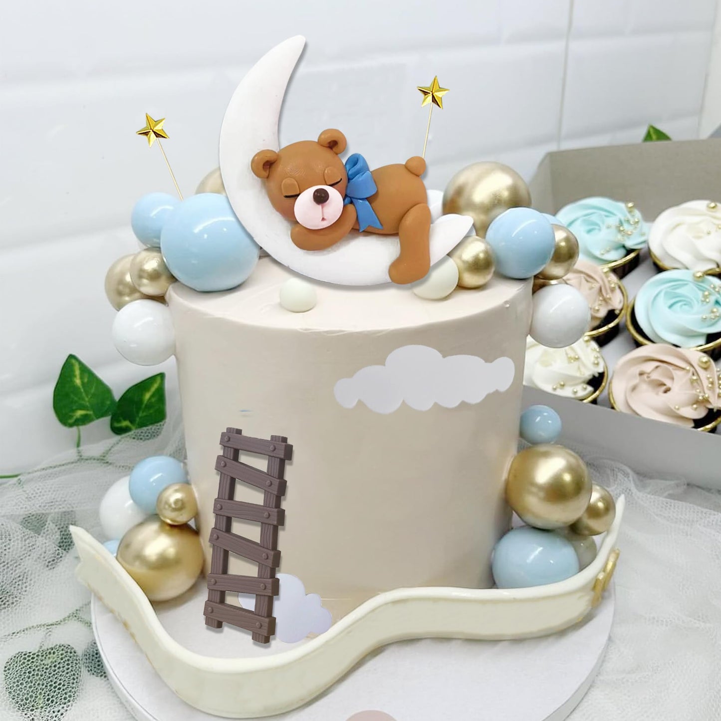 29 PCS Bear Cake Toppers Balls Cake Decorations with Moon Clouds Stars Cake Toppers for Birthday Baby Shower Party Decorations