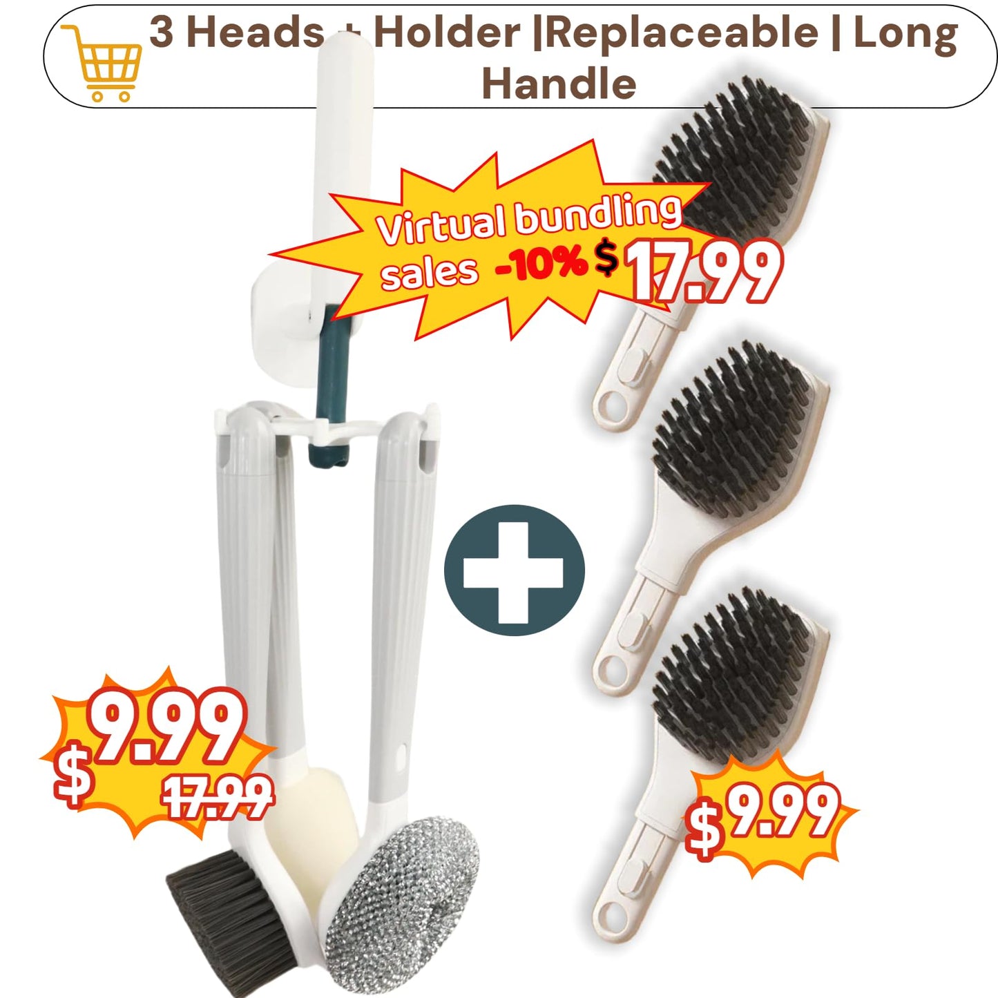 Steigullage Dish Brush with Handle,4-Pieces Dish Brush Set with Holder,Replaceable Brush Heads Long Handle Kitchen Scrubber,for Pots,Sink,Pans