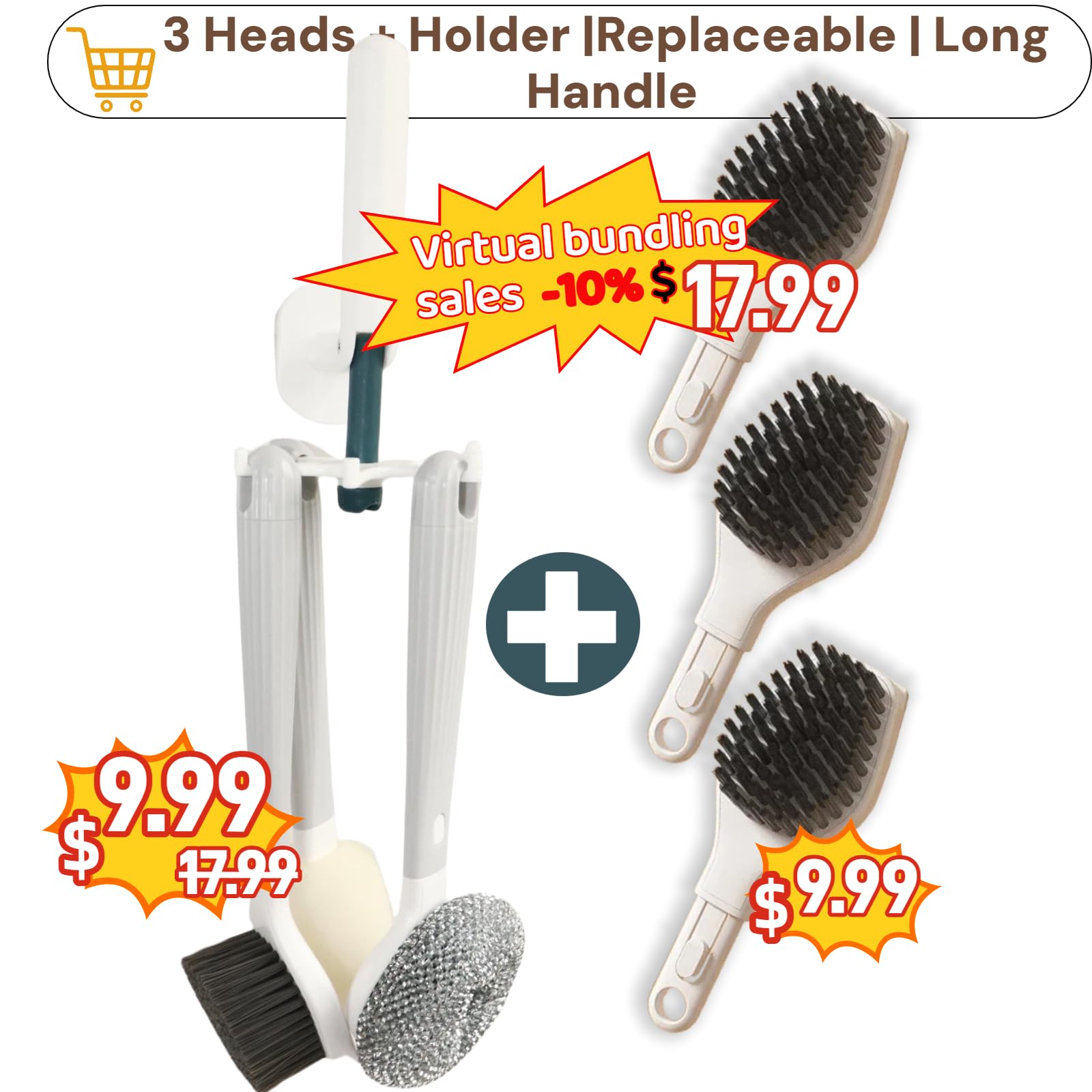 Steigullage Dish Brush with Handle,4-Pieces Dish Brush Set with Holder,Replaceable Brush Heads Long Handle Kitchen Scrubber,for Pots,Sink,Pans