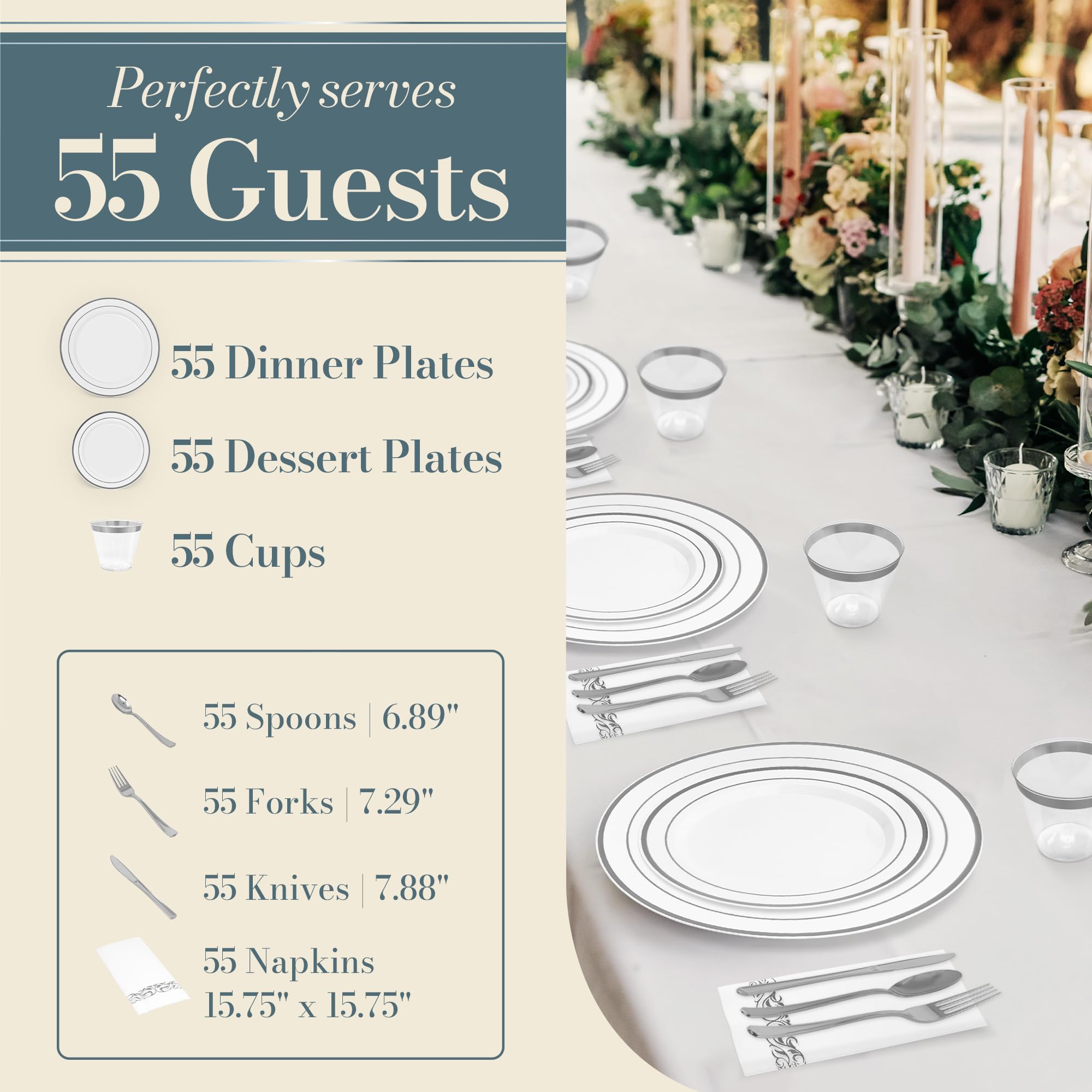 Reli. Plastic Plates for Party | 385 Pcs | White w/Silver Rim | Plates and Napkins Party Supplies | Disposable Dinnerware Set for 55 Guests |Dinner