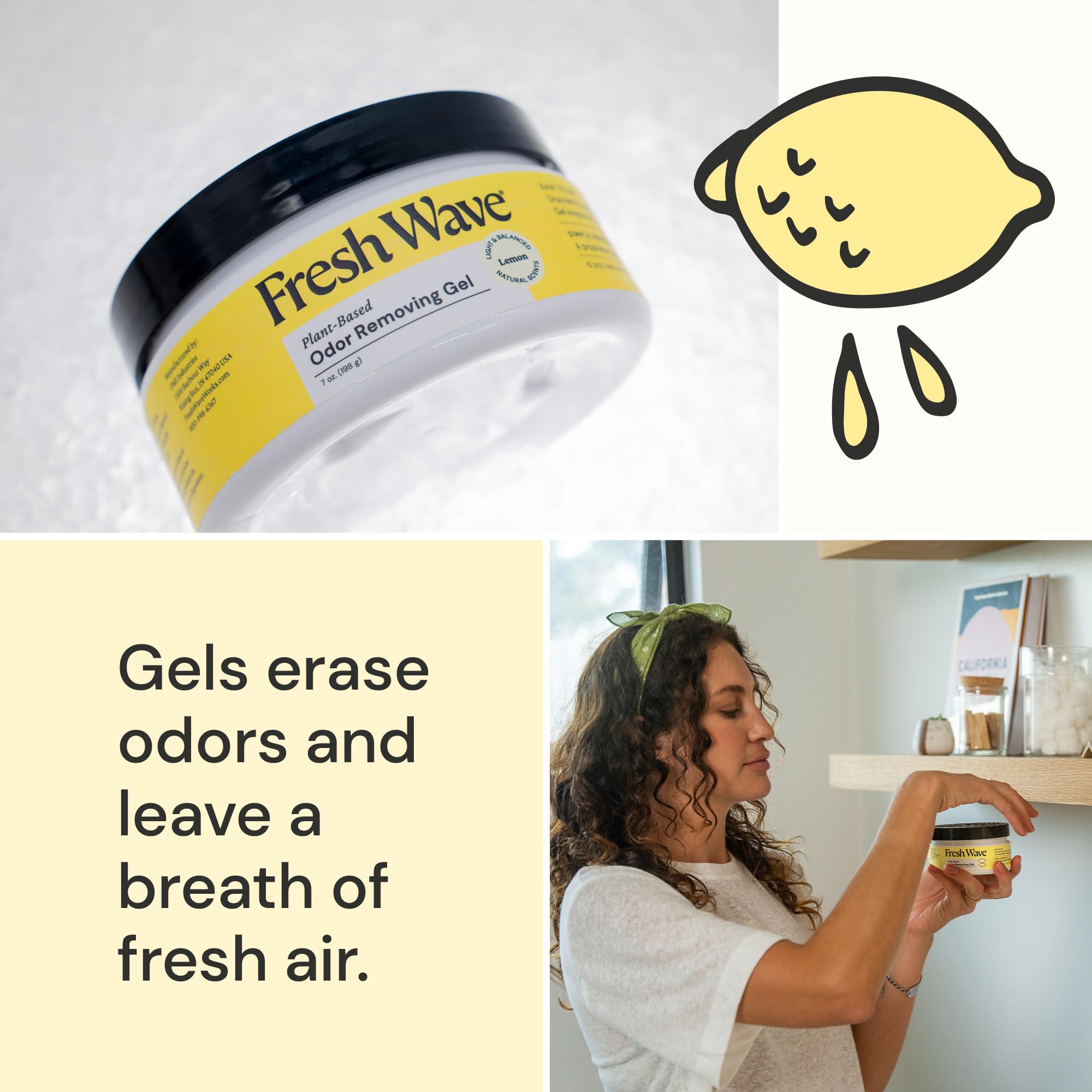 Fresh Wave Lemon Odor Removing Gel, 7 oz., Pack of 3 - Safer Odor Absorbers for Home, Natural Plant-Based Odor Eliminator, Every 7 oz. lasts 15-30