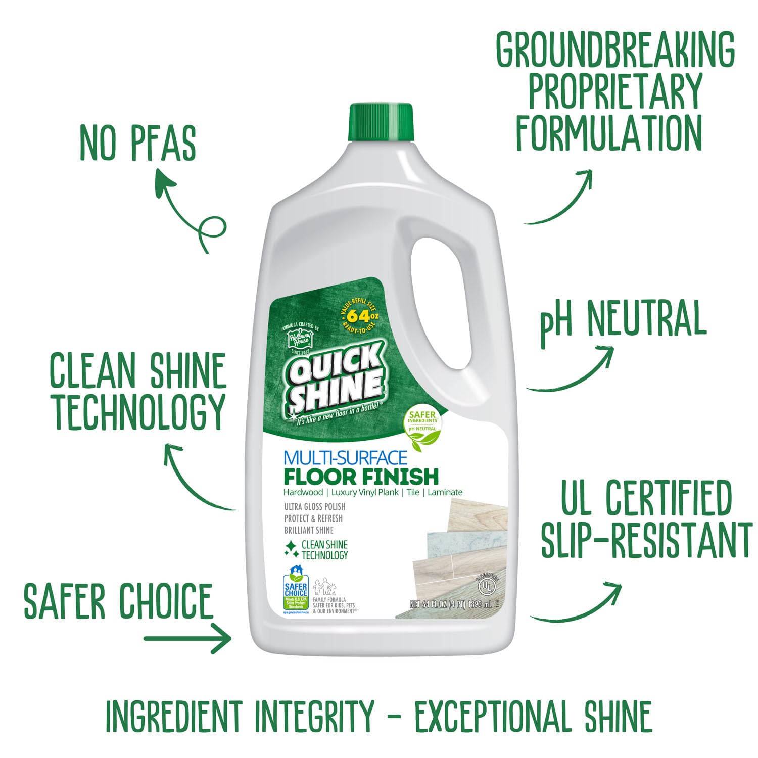 Quick Shine Multi Surface Floor Finish 64oz | Cleaner & Polish to use on Hardwood, Laminate, Luxury Vinyl Plank LVT, Tile & Stone | Safer Choice