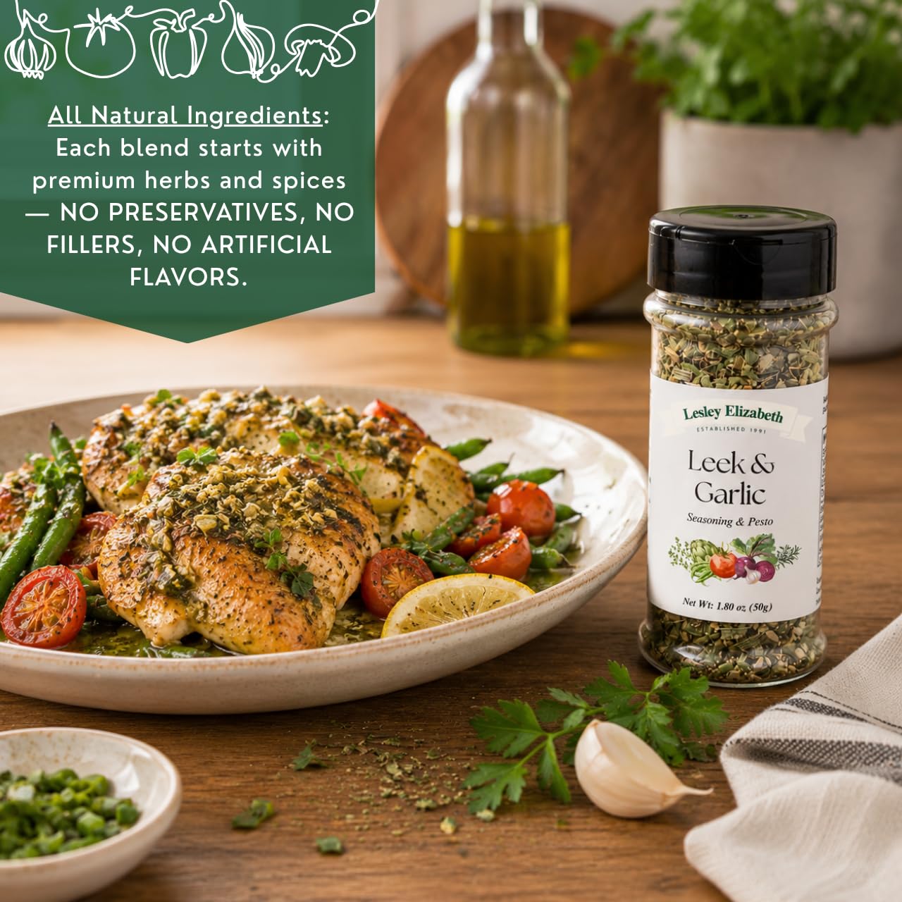 Lesley Elizabeth Leek & Garlic Seasoning & Pesto - All-Natural Herb & Garlic Blend for Chicken, Pasta, Vegetables & Sandwiches | Gourmet All-Purpose