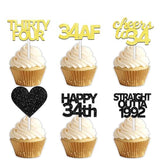 18pcs Black Gold Glitter Dessert Cupcake Pick for Straight Outta 1992 Cheer to 34 Years Old Theme Decor Supplies Happy 34th Birthday Party Decoration