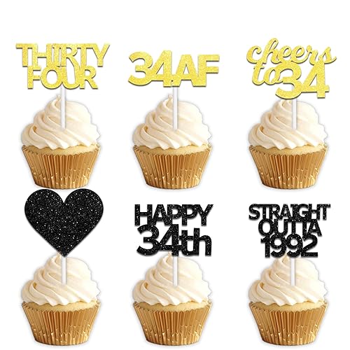 18pcs Black Gold Glitter Dessert Cupcake Pick for Straight Outta 1992 Cheer to 34 Years Old Theme Decor Supplies Happy 34th Birthday Party Decoration