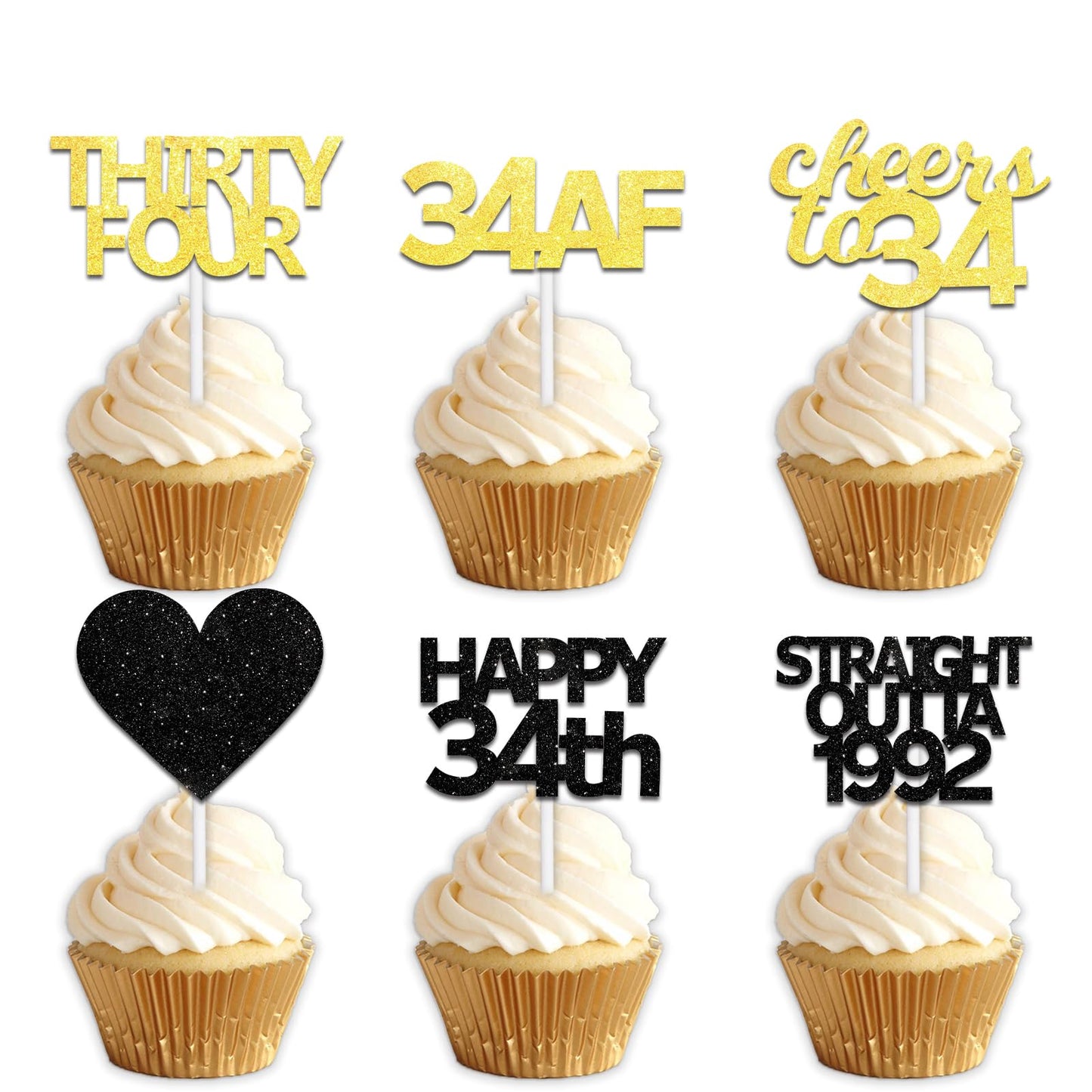 18pcs Black Gold Glitter Dessert Cupcake Pick for Straight Outta 1992 Cheer to 34 Years Old Theme Decor Supplies Happy 34th Birthday Party Decoration