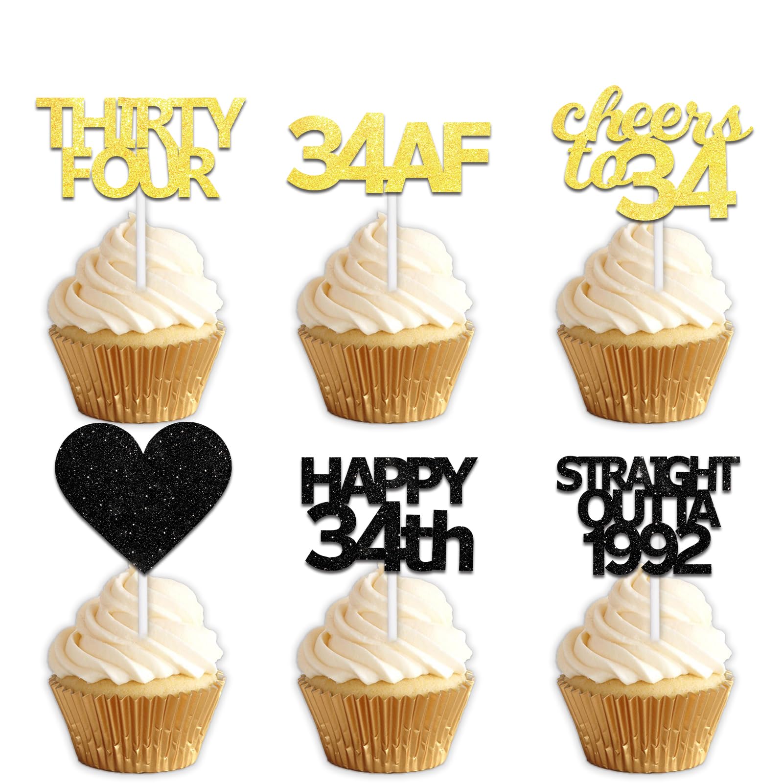 18pcs Black Gold Glitter Dessert Cupcake Pick for Straight Outta 1992 Cheer to 34 Years Old Theme Decor Supplies Happy 34th Birthday Party Decoration