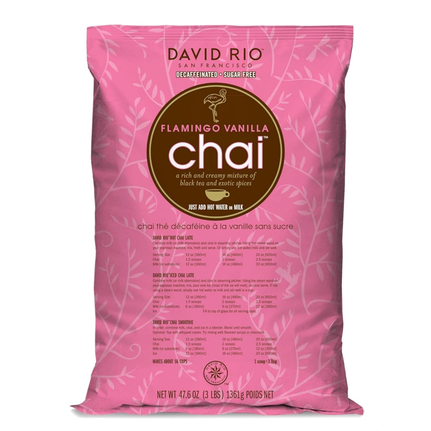 Flamingo Vanilla Decaffeinated Reduced Calorie Chai Tea Latte Mix, 48 Oz, Decaf Black Tea, Organic Spices, Sugar Free, Dairy Free, Serve Hot or Cold