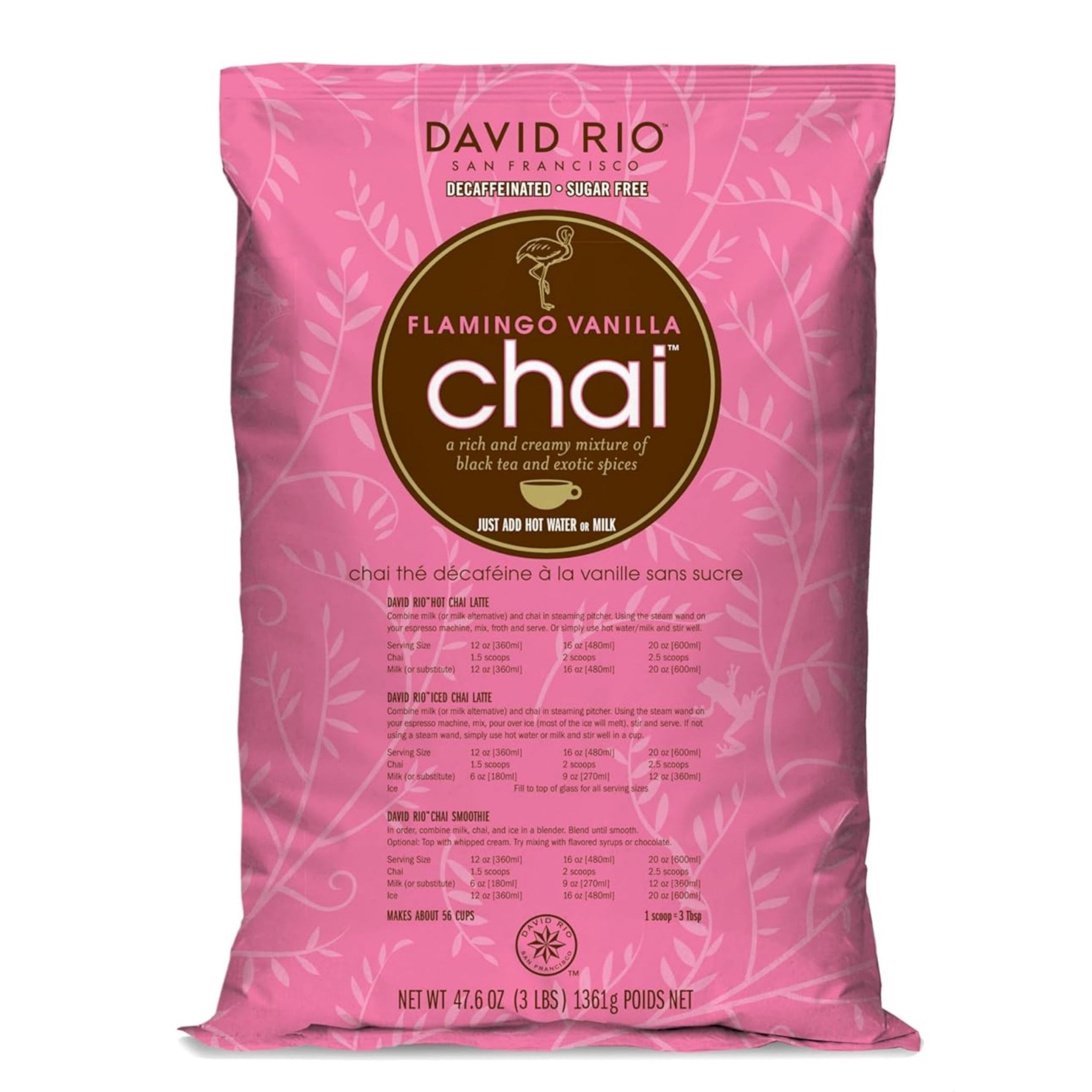 Flamingo Vanilla Decaffeinated Reduced Calorie Chai Tea Latte Mix, 48 Oz, Decaf Black Tea, Organic Spices, Sugar Free, Dairy Free, Serve Hot or Cold