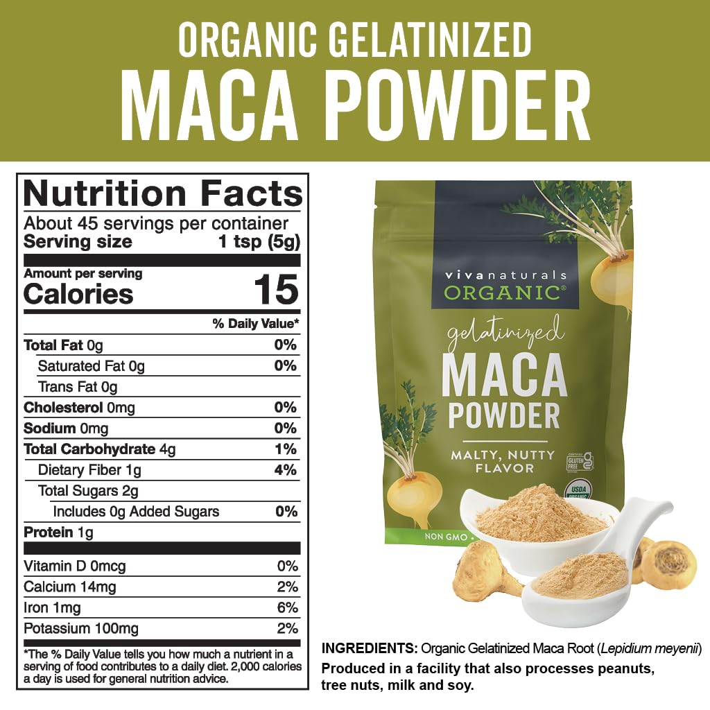 Viva Naturals Organic Maca Powder, Gelatinized, 8 oz - Vegan, USDA Organic, Gluten-Free, Non-GMO Peruvian Superfood in Resealable Bag