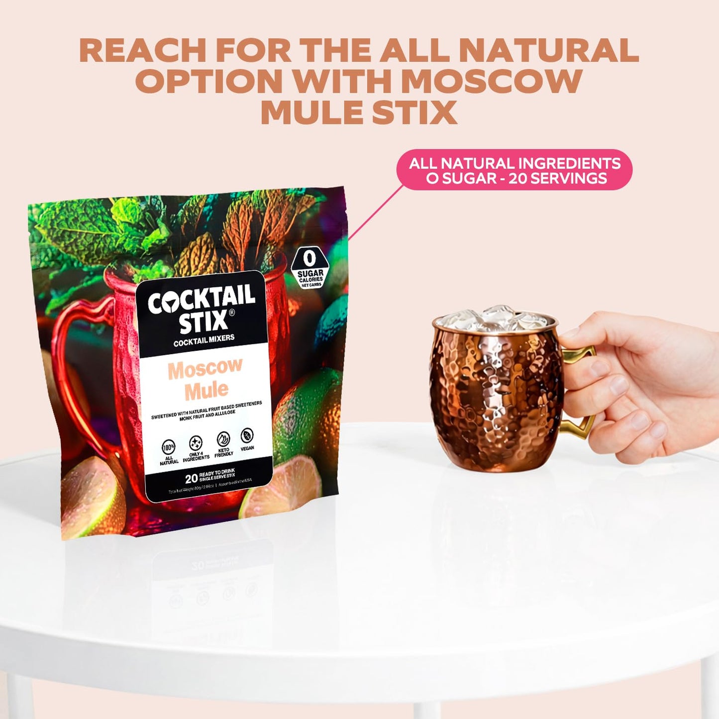 Cocktail Stix Zero Sugar Moscow Mule Mixer - Cocktail & Mocktail Drink Mixer - Skinny Mixes - Water Flavoring Packets - Vegan - No Calories, No Carbs
