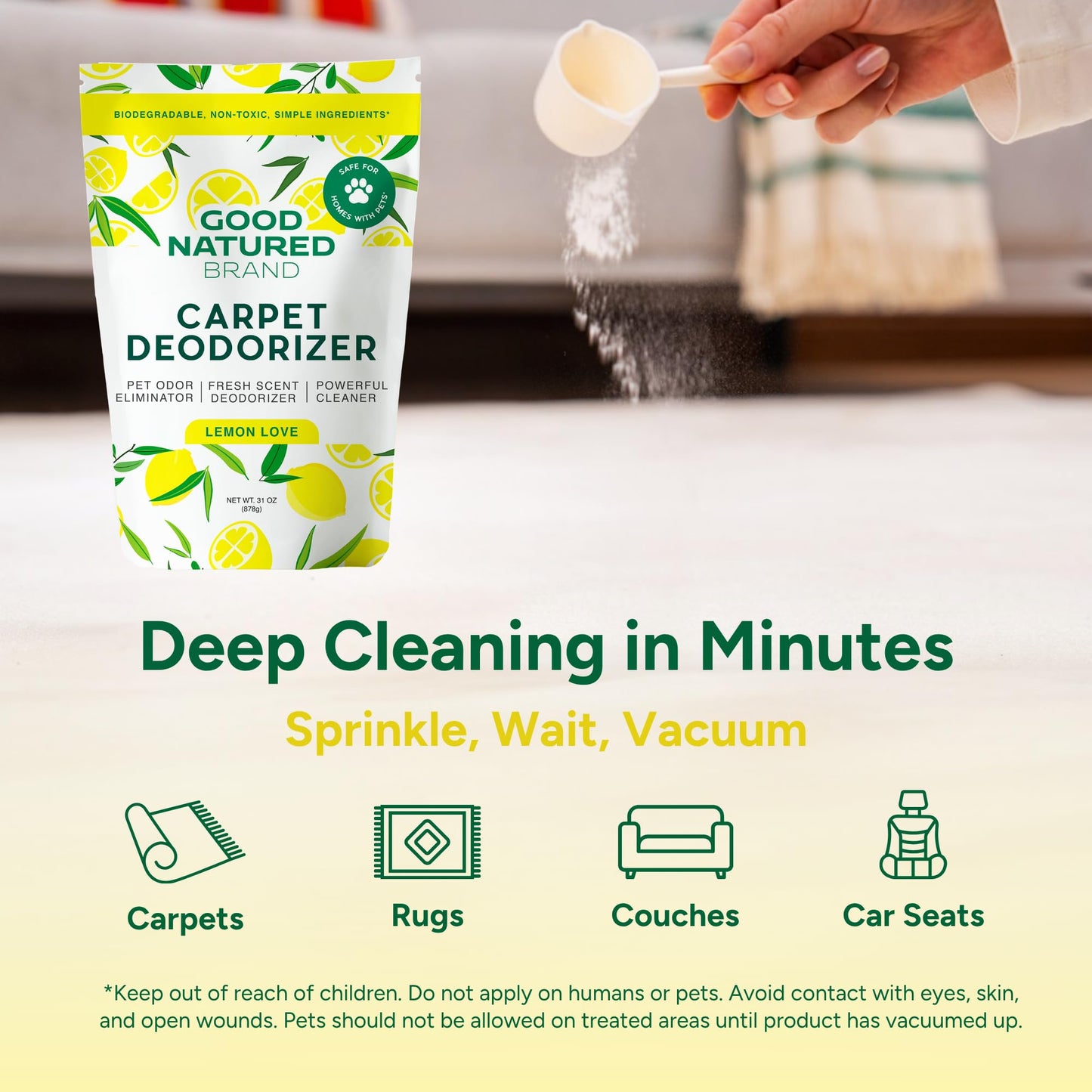 Good Natured Brand | Carpet Deodorizer & Freshener Powder | 31 oz Pet Odor Eliminator for Strong Odor & Pet Urine | Fresh Natural Lemon Scent | Safe