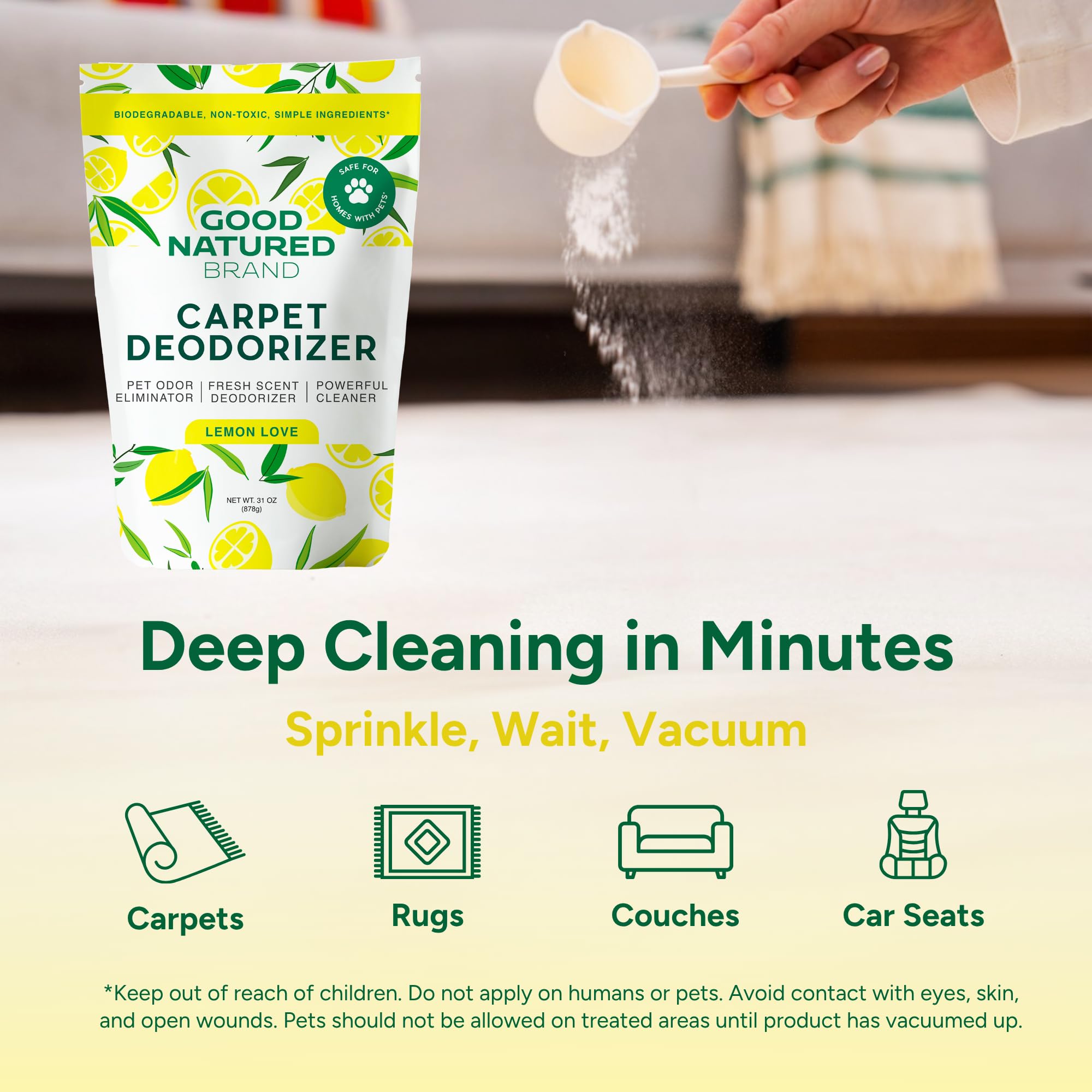 Good Natured Brand | Carpet Deodorizer & Freshener Powder | 31 oz Pet Odor Eliminator for Strong Odor & Pet Urine | Fresh Natural Lemon Scent | Safe