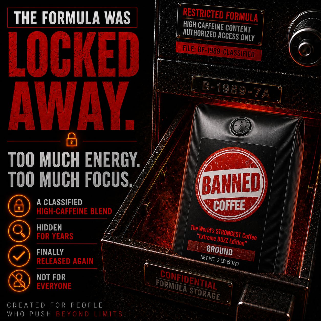 Banned Coffee™ Ground - World’s Strongest High Caffeine Coffee That Shouldn’t Be Allowed - Bold Medium-Dark Roast Arabica & Robusta Blend - Extreme