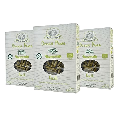 Rustichella d'Abruzzo Organic Green Pea Fusilli (Pack of 3), 250g Each - Gluten-Free Short Pasta - Made from 100% Organic Green Pea Flour - Cooks in