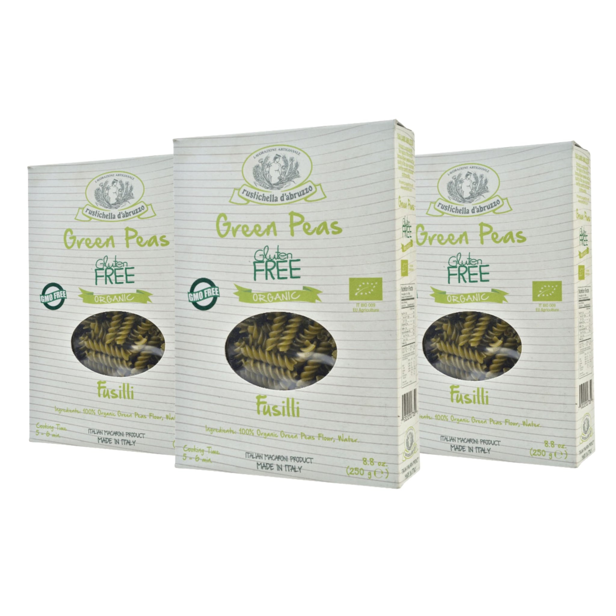 Rustichella d'Abruzzo Organic Green Pea Fusilli (Pack of 3), 250g Each - Gluten-Free Short Pasta - Made from 100% Organic Green Pea Flour - Cooks in
