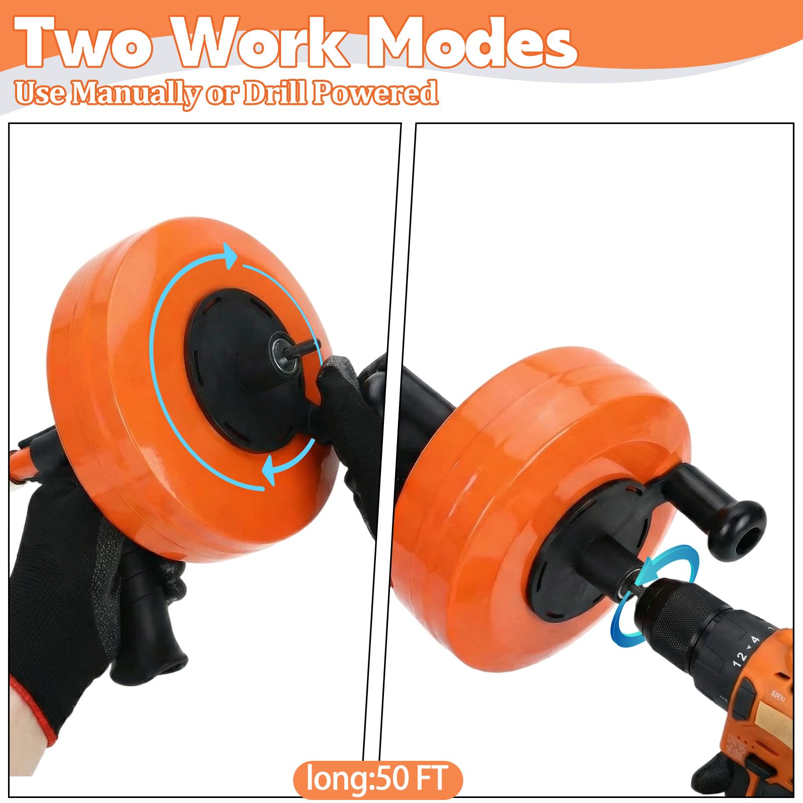 50 Ft Drain Auger,Use Manually or Drill Powered 50 Foot Drain Snake,Heavy Duty Flexible Plumbing Snake,With Gloves and Storage Bag for Kitchen Sink