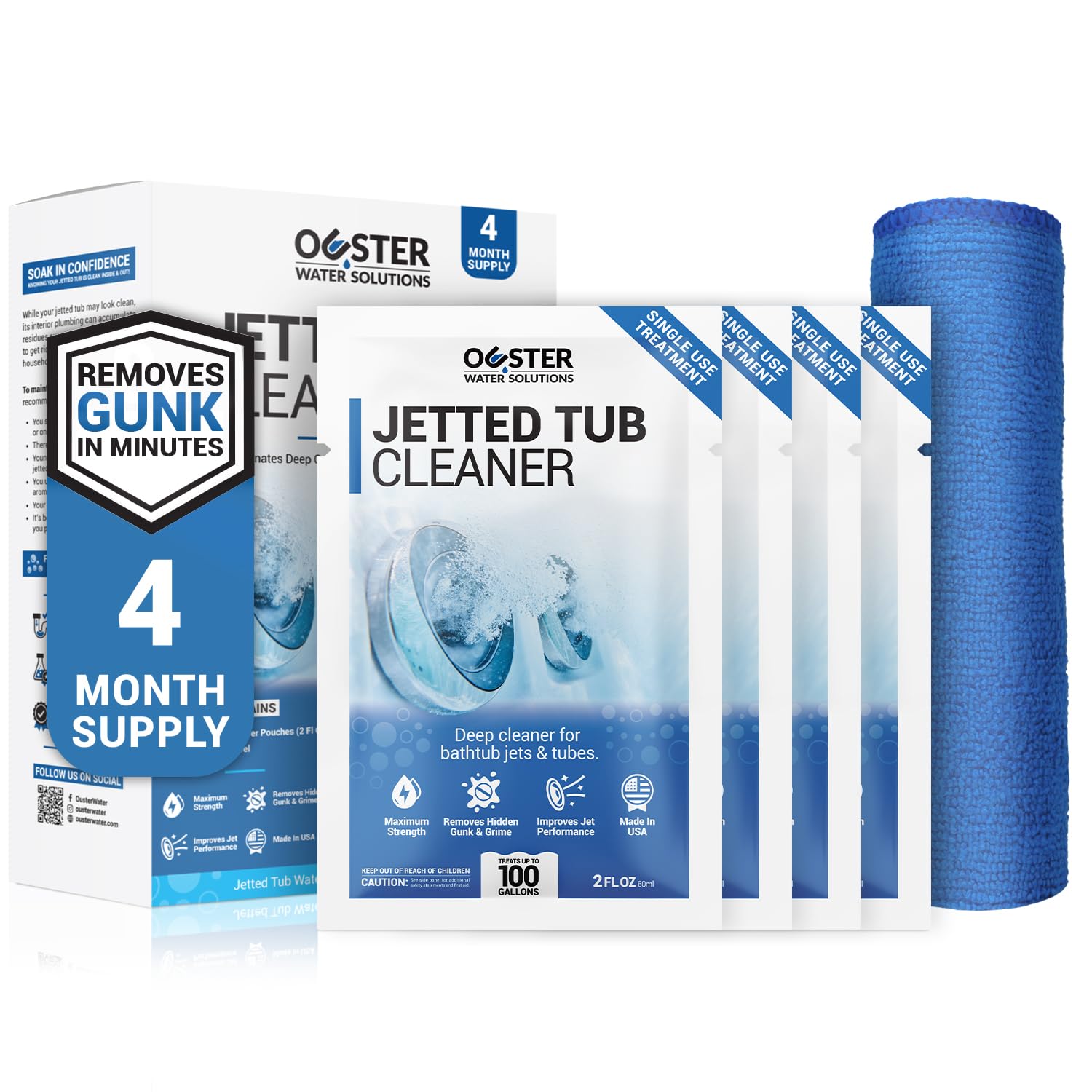 Bio Ouster Jetted Tub Cleaner Kit - Jet and Jacuzzi Tub Cleaner for Jets, Tubes, and Bathtubs - Includes Microfiber Towel - Professional Grade