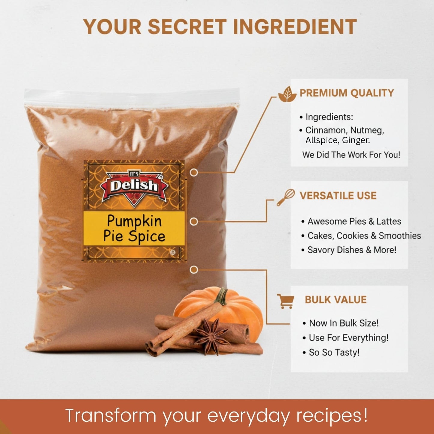 Gourmet Pumpkin Pie Spice Powder by It's Delish, 1 Lb Bulk Bag | Awesome Pumkin and Apple Pies Seasoning | Coffee Latte Tea Holiday Baking | Blend
