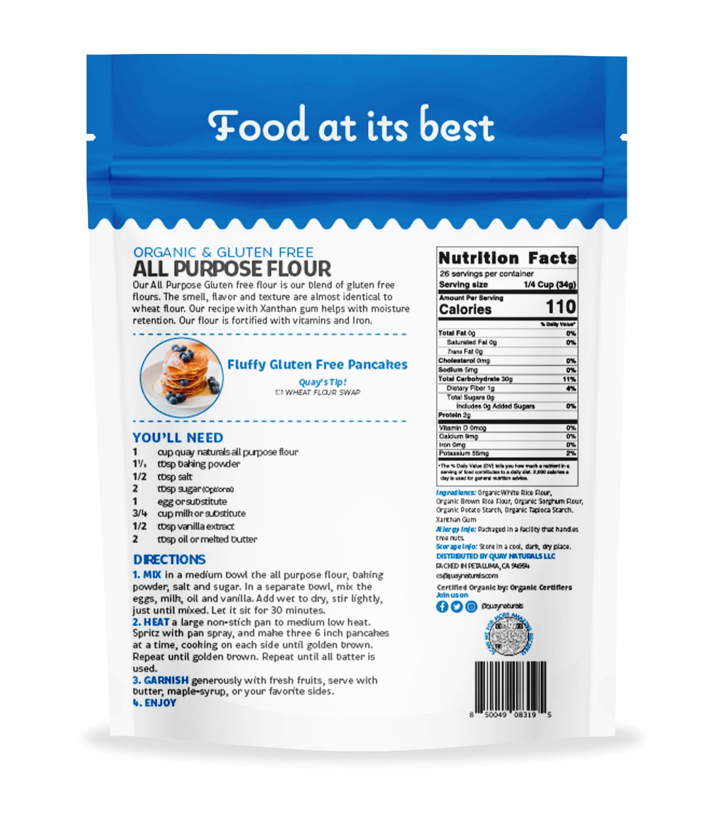 Quay Naturals Organic Gluten Free All Purpose Baking Flour - 2 lbs, No Grit, 1:1 Wheat Substitution, Dairy Free, Non-GMO, Kosher, Made in USA