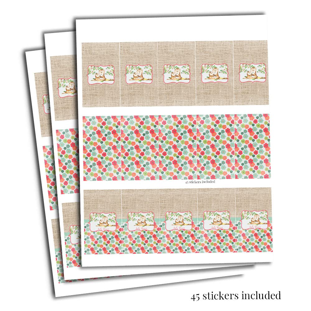 Amanda Creation “Guess Whooo” Cute Owl Baby Girl Shower Sprinkle Mini Chocolate Candy Bar Sticker Wrappers, 45 1.4" x 2.6" Wrap Around Labels, Great
