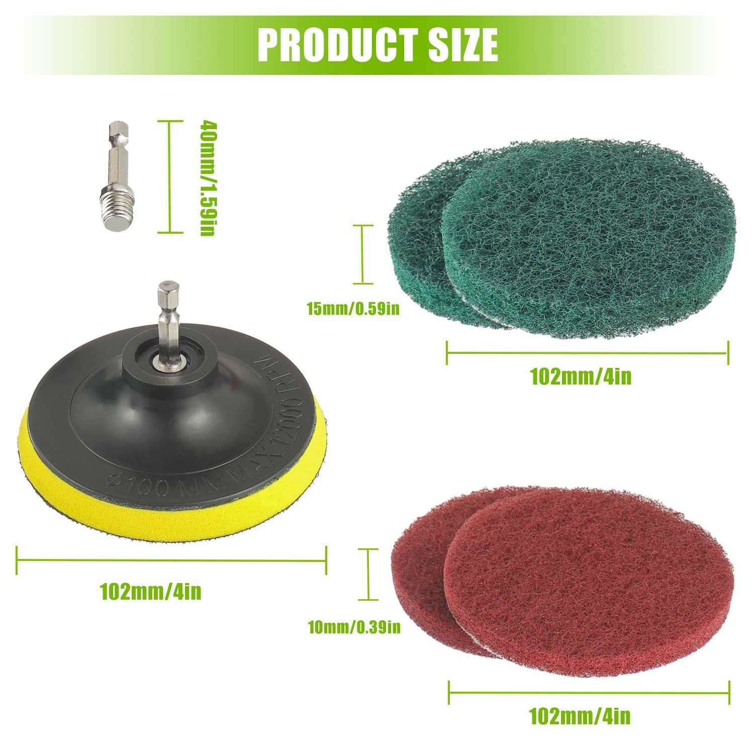 EPLZON 4 Inch Scrub Drill Brush Power Scouring Pads Household Cleaning Set for Kitchen Bathroom 4 Red Pads 4 Green Pads 1 Drill Attachment and 1