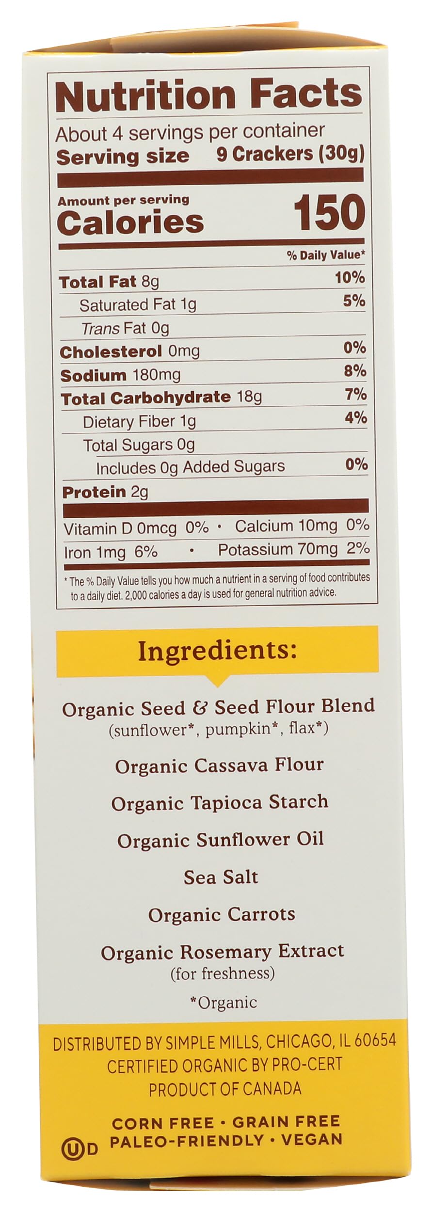 Simple Mills Organic Seed Crackers, Original, Gluten Free, Flax Seed, Sunflower Seeds, Corn Free, Low-Calorie Snacks, Plant Based, Nutrient Dense
