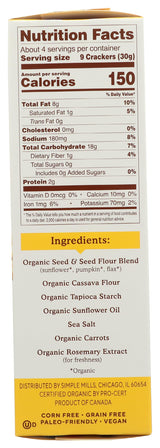 Simple Mills Organic Seed Crackers, Original, Gluten Free, Flax Seed, Sunflower Seeds, Corn Free, Low-Calorie Snacks, Plant Based, Nutrient Dense