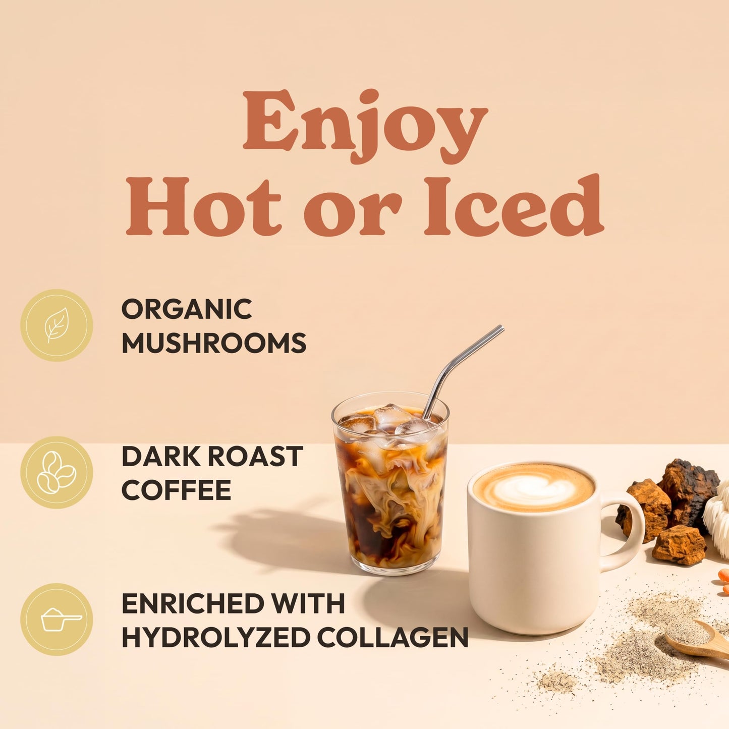 Mushroom Coffee with Collagen - Caramel Blend - Adaptogenic Instant Coffee for Energy, Focus, & Mental Clarity - Enhanced with Lion’s Mane, Chaga