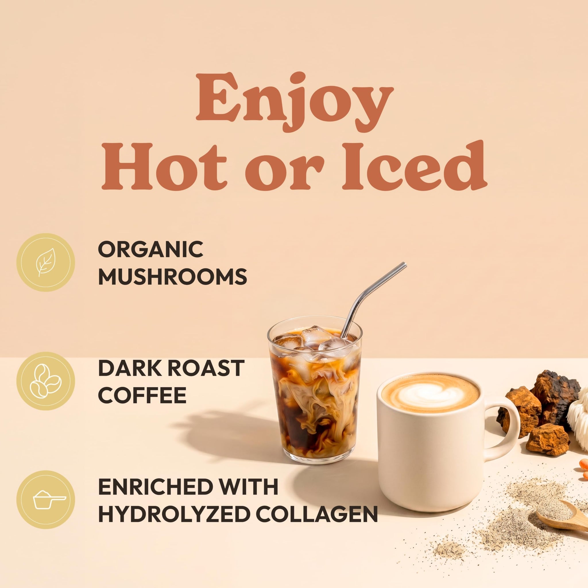 Mushroom Coffee with Collagen - Caramel Blend - Adaptogenic Instant Coffee for Energy, Focus, & Mental Clarity - Enhanced with Lion’s Mane, Chaga