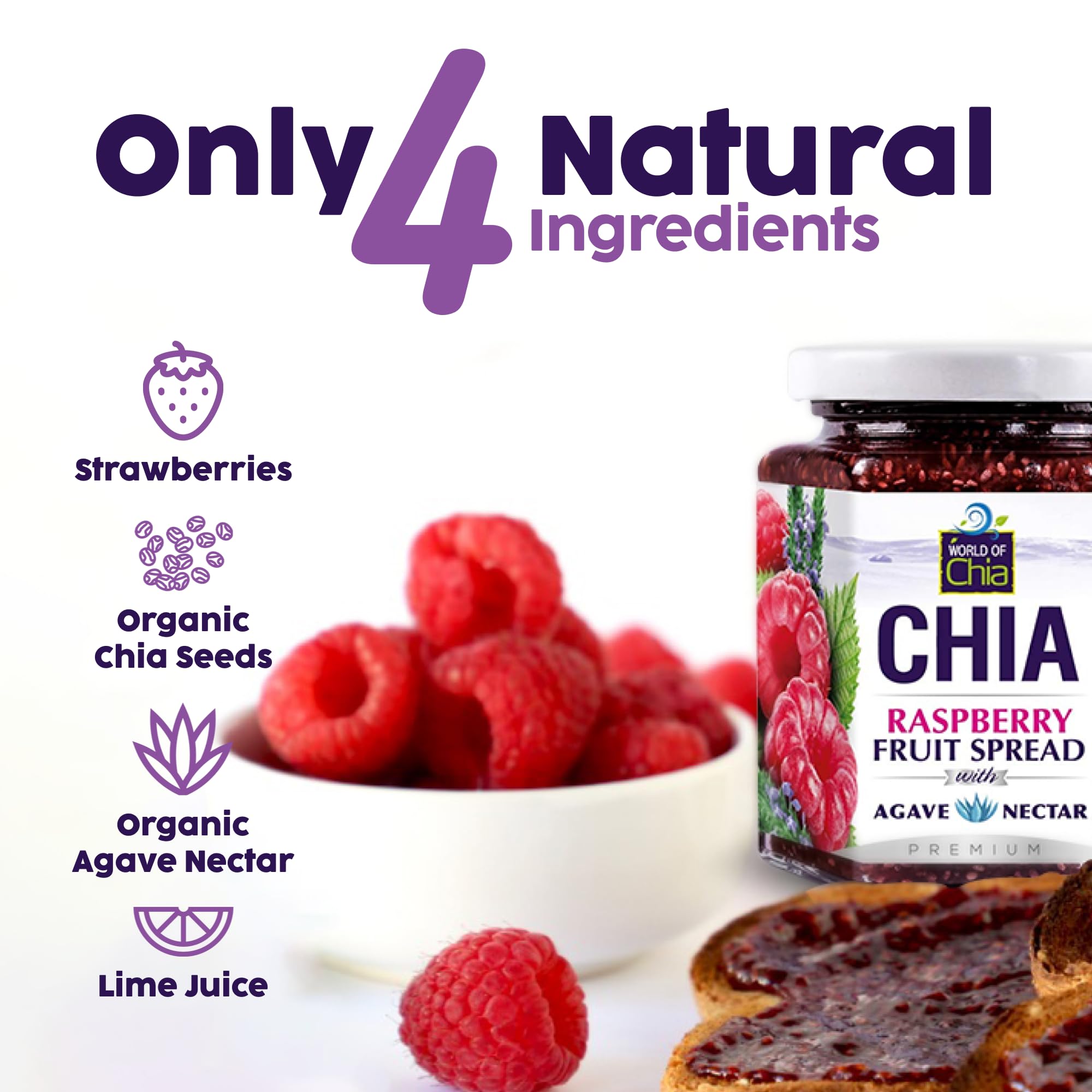 World of Chia Premium Chia Seeds Jam - Raspberry Jams and Preserves - All Natural, Plant Based Chia Jam, Gluten Free, Omega 3, Made in USA, Non GMO