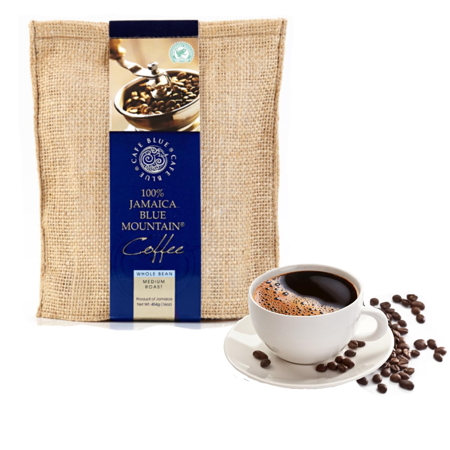 Cafe Blue - 100% Authentic Jamaica Blue Mountain Coffee from Clifton Mount Estate, Medium Roast Whole Bean, Premium Arabica Beans, Bag of 16 Ounces (1